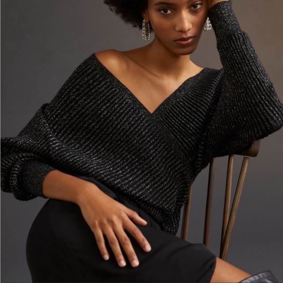 Anthropologie Sweaters - Anthropologie Black Shimmer Surplice Pullover Sweater Size XS